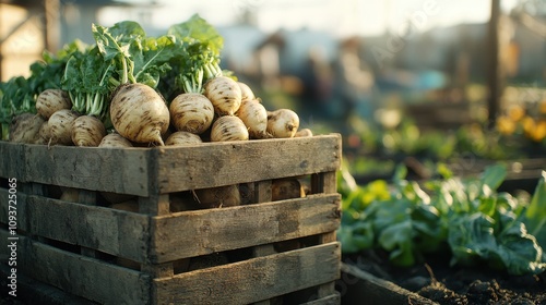 Freshly harvested turnips in a wooden crate at a farm.