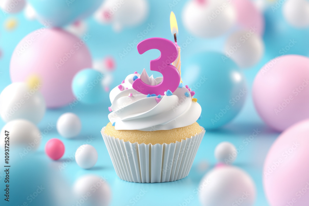 Birthday cupcake with burning candle number 3 three and festive pastel balloons on white background. Three years, three month milestone celebration card Birthday cupcake with burning candle number 3 three and festive pastel balloons on white background. Three years, three month milestone celebration card