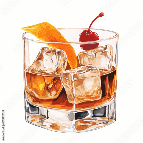 Old Fashioned cocktail whiskey on rocks glass with a Cherry and orange peel on ice cubes watercolor vector illustration isolated on white background