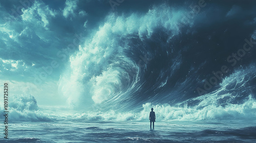 A lone figure stands on a tranquil beach as a colossal wave rises dramatically in the background, symbolizing the power of nature and human resilience in the face of adversity.