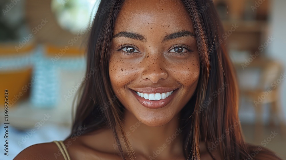Bright smile of a young woman enjoying her day in a cozy, sunlit room filled with warmth. Generative AI Bright smile of a young woman enjoying her day in a cozy, sunlit room filled with warmth. Generative AI