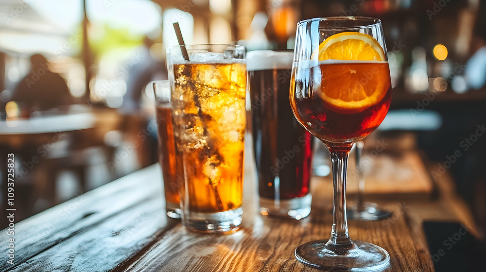 Refreshing Drinks on a Rustic Wooden Table in a Vibrant Bar Setting with Warm Lighting and Social Atmosphere During a Relaxing Summer Evening Refreshing Drinks on a Rustic Wooden Table in a Vibrant Bar Setting with Warm Lighting and Social Atmosphere During a Relaxing Summer Evening