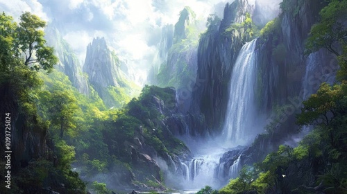 Majestic Waterfall Cascading Through Lush Mountains
