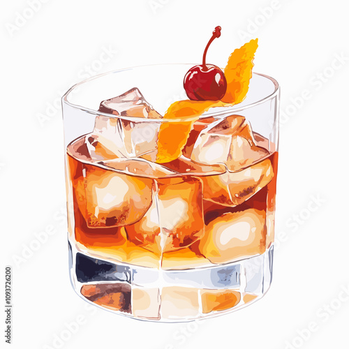 Old Fashioned cocktail whiskey on rocks glass with a Cherry and orange peel on ice cubes watercolor vector illustration isolated on white background