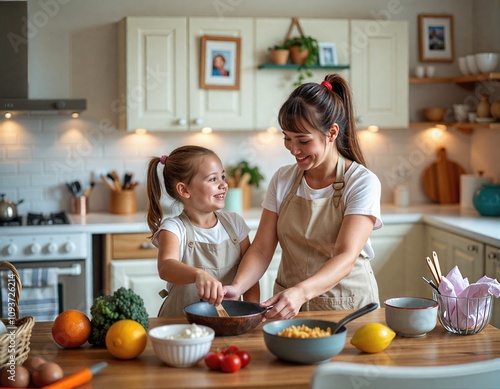 Mother and daughter cooking together Cozy kitchen Warmth and bonding through shared experiences Wearing an apron Shows how to make a dish Excited to learn and bond with her mother