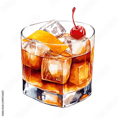 Old Fashioned cocktail whiskey on rocks glass with a Cherry and orange peel on ice cubes watercolor vector illustration isolated on white background