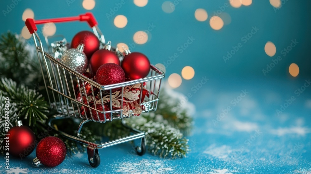 a festive shopping cart filled with red and silver Christmas ornaments, set against a snowy, blue background a festive shopping cart filled with red and silver Christmas ornaments, set against a snowy, blue background