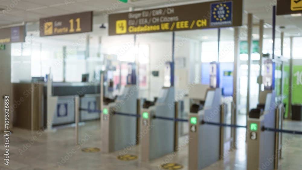 Defocused view of an airport terminal with blurred passport control gates and signs in eu zone creating a travel ambiance Defocused view of an airport terminal with blurred passport control gates and signs in eu zone creating a travel ambiance