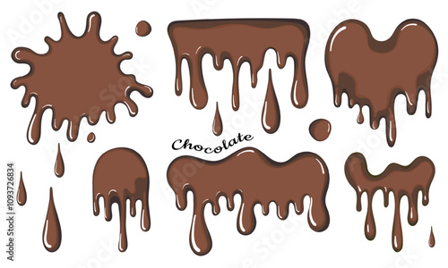 Melted chocolate decorative shapes liquids. Splashes drops stain shape set isolated on white. Cartoon chocolate spatters.