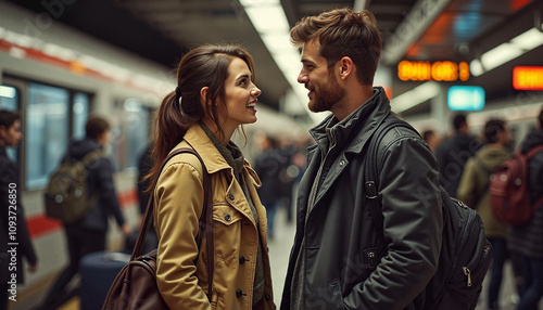 Couple smiling at each other in crowded subway station