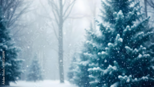 4K winter blurred background with pine trees forest and falling snow.	