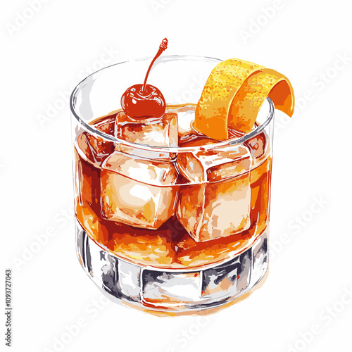 Old Fashioned cocktail whiskey on rocks glass with a Cherry and orange peel on ice cubes watercolor vector illustration isolated on white background