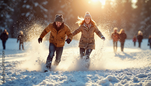 Wallpaper Mural Joyful couple running through snowy winter landscape, Snowball fight couple Torontodigital.ca