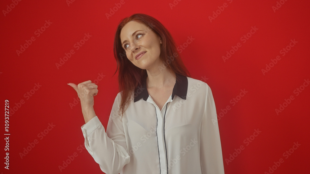 Smiling young adult woman with red hair pointing to the side in front of an isolated red background Smiling young adult woman with red hair pointing to the side in front of an isolated red background