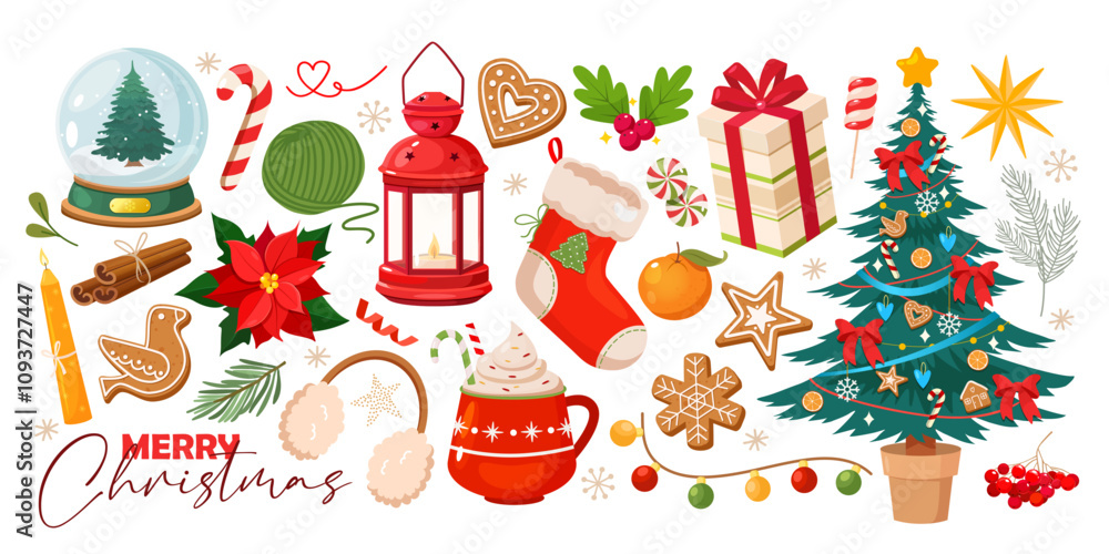 Fototapeta premium Christmas holiday elements includes winter berries, gingerbread cookies, holiday tree, lantern and canles, gift box, etc. 