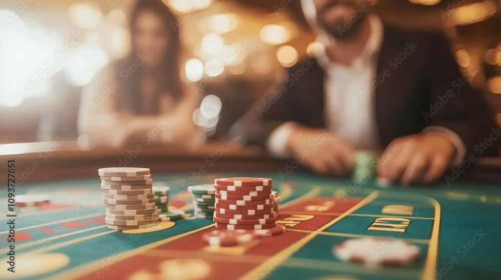 Close-Up of Poker Chips and Players in Casino Interior, Creating an Intense Atmosphere for Gambling Enthusiasts and High-Stakes Game Lovers Close-Up of Poker Chips and Players in Casino Interior, Creating an Intense Atmosphere for Gambling Enthusiasts and High-Stakes Game Lovers