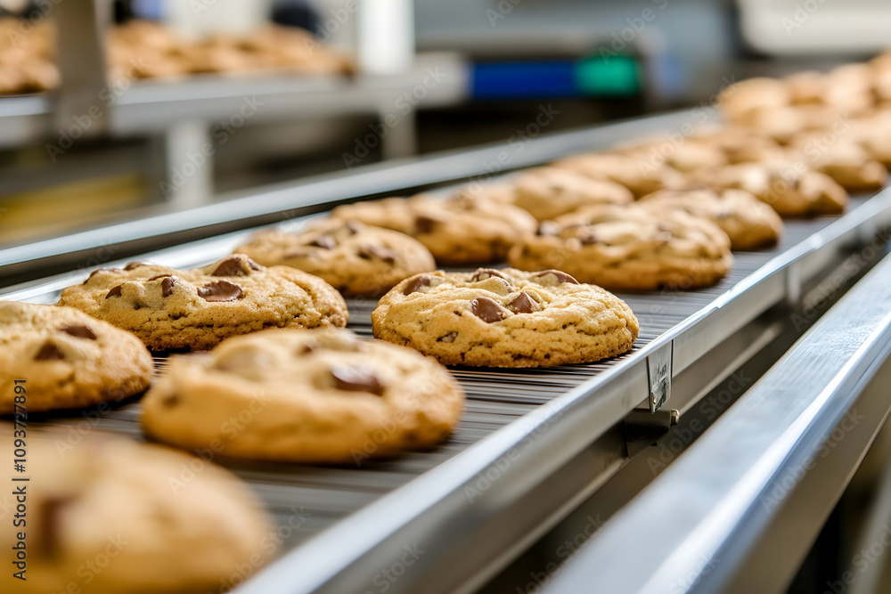 Conveyor belt with freshly baked cookies, golden and perfectly shaped Conveyor belt with freshly baked cookies, golden and perfectly shaped