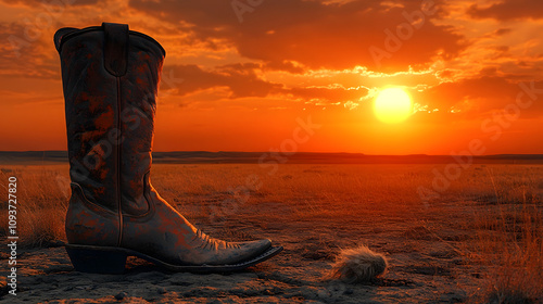 Cowboy Boot on Sunset Desert, Western Cowboy Scene Photography, Lone Boot Western Vibes, Desert Boot at Sundown photo