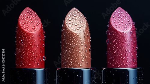 A striking image of three lipsticks in shades of red, brown, and pink, with water droplets on each, set against a black backdrop, emphasizing the allure of beauty products. photo