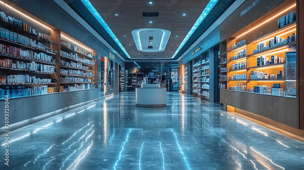 Modern pharmacy interior design with sleek displays and ambient lighting during evening hours. Generative AI Modern pharmacy interior design with sleek displays and ambient lighting during evening hours. Generative AI