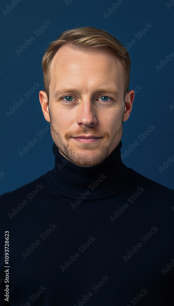 Obraz premium Man with Light Brown Hair in Dark Blue Turtleneck Sweater on Solid Blue Background