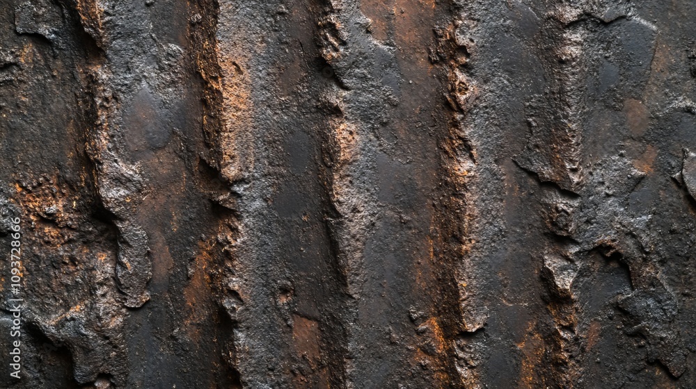 Rustic metal texture of deformed or ribbed steel bars used as reinforcement in concrete structures. Close-up view of the rough and rugged surface of rebar, showcasing its strength