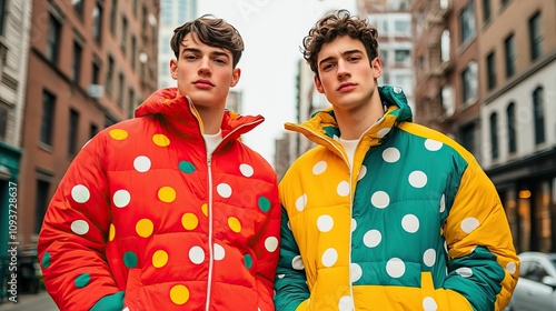 model modern, fashion and versatile, Two stylish young men pose in vibrant polka-dot jackets against an urban backdrop, showcasing contemporary fashion and bold color choices.