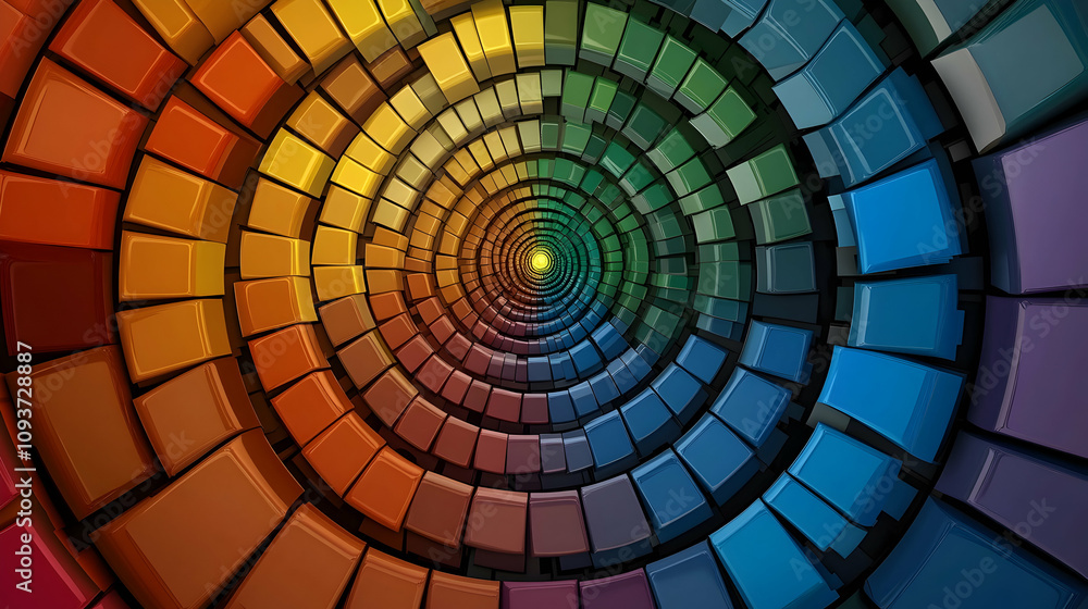 Fototapeta premium Vibrant Circular Pattern of Colorful Paint Chips Spiraling inwards, Showcasing a Gradation from Warm Reds and Oranges to Cool Blues and Greens in a Dynamic Visual Display