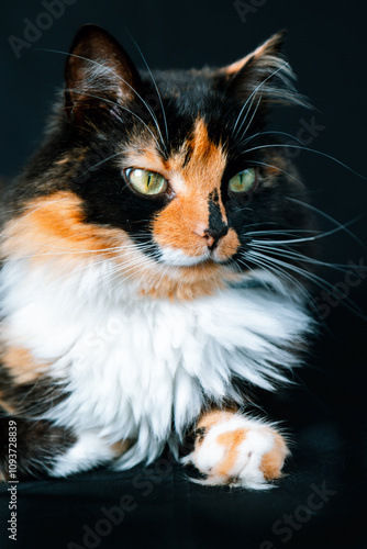 Acercamiento retrato gato tricolor con ojos verdes