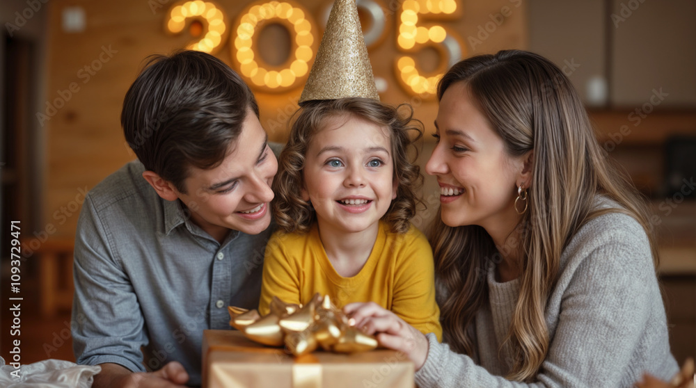 happy child sitting with parents and big new year gift with big bow against new year interior background and gold 2025 happy child sitting with parents and big new year gift with big bow against new year interior background and gold 2025