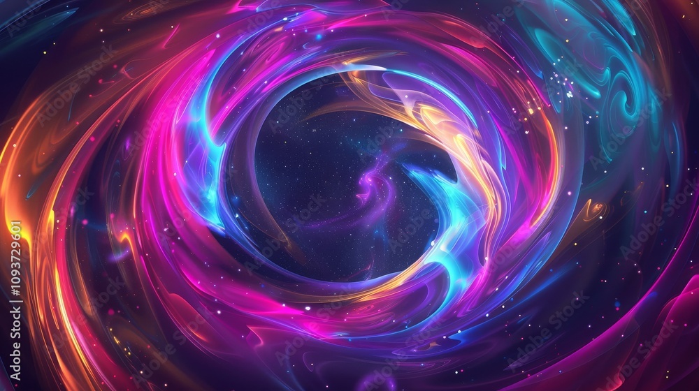 Obraz premium Celestial neon swirls on a dark backdrop, Clean white space in the center
