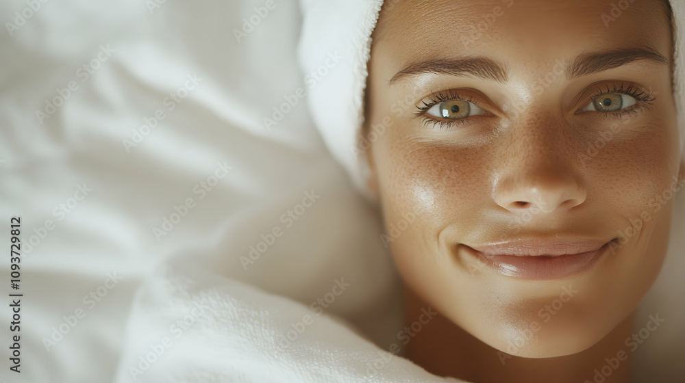 Natural Beauty Portrait of a Relaxed Woman with a Radiant Smile Wrapped in a Soft Towel After a Spa Treatment Against a Calm White Background Natural Beauty Portrait of a Relaxed Woman with a Radiant Smile Wrapped in a Soft Towel After a Spa Treatment Against a Calm White Background