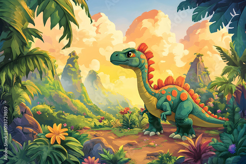 Dinosaur illustration for an educational childrena??s theme with vibrant colors . 4k image photo