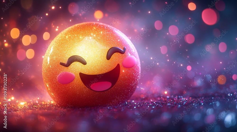 Fototapeta premium A whimsical, glittering emoji with a joyful expression, complemented by lively, colorful sparkles in the background, creating a mood of celebration and delight.