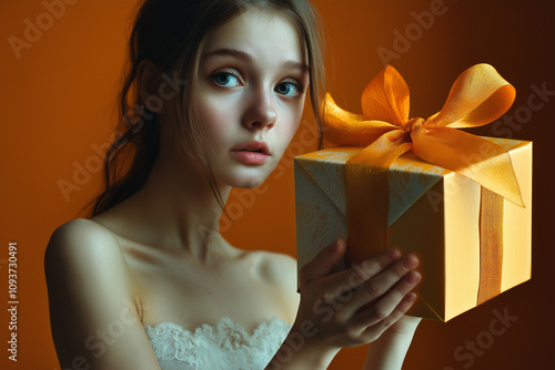 A teenage girl holding a beautifully wrapped gift box with an elegant orange ribbon, set against a warm orange background. The delicate expression on her face adds a sense of curiosity and emotion