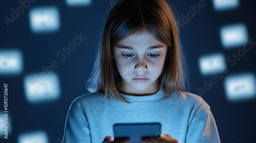 A young girl with tears streaming down her face, staring at a smartphone screen, highlighting cyberbullying or online distress.