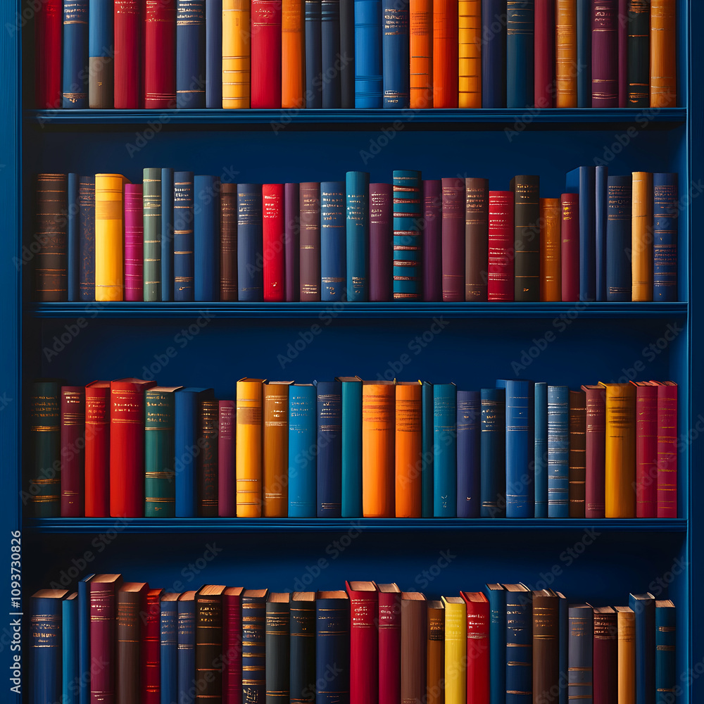 A Vibrant Library Shelf Displaying an Array of Colorful Bound Books Perfect for Literature Lovers and Book Enthusiasts in a Modern Home Environment A Vibrant Library Shelf Displaying an Array of Colorful Bound Books Perfect for Literature Lovers and Book Enthusiasts in a Modern Home Environment