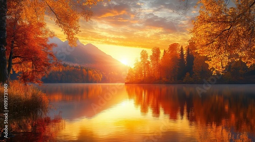 A breathtaking golden sunset casts brilliant reflections over a calm lake fringed by colorful autumn trees, radiating tranquility and peace during the fall season.