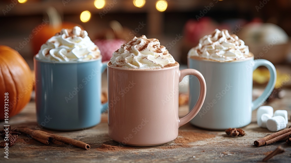 A trio of mugs brimming with steaming hot drinks, topped with generous dollops of whipped cream, offers a cozy and delicious experience, perfect for fall evenings. A trio of mugs brimming with steaming hot drinks, topped with generous dollops of whipped cream, offers a cozy and delicious experience, perfect for fall evenings.