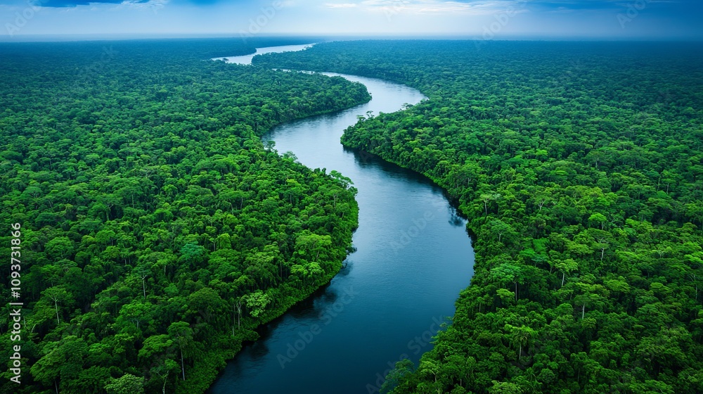 A stunning aerial photo shows a winding river cutting through a dense, vibrant green forest, conveying the majesty and tranquility of untouched natural landscapes. A stunning aerial photo shows a winding river cutting through a dense, vibrant green forest, conveying the majesty and tranquility of untouched natural landscapes.