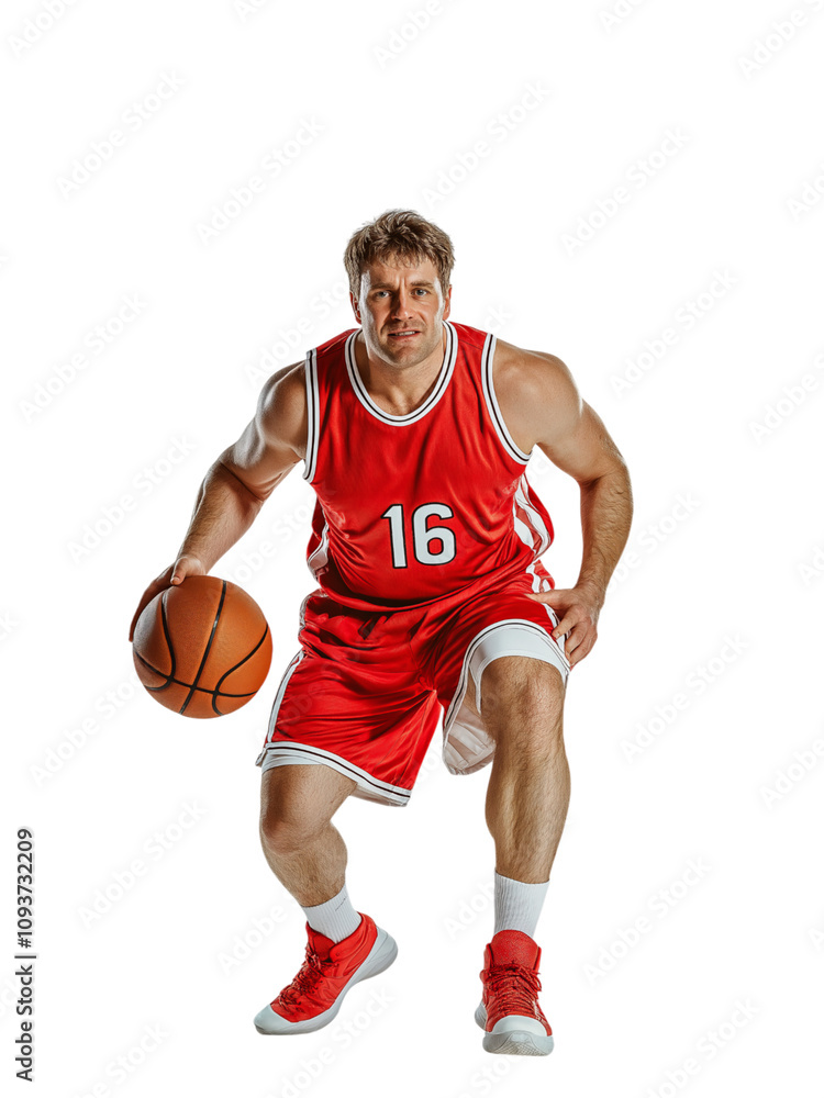 Basketball player in red uniform dribbling the ball, isolated on a transparent background Basketball player in red uniform dribbling the ball, isolated on a transparent background