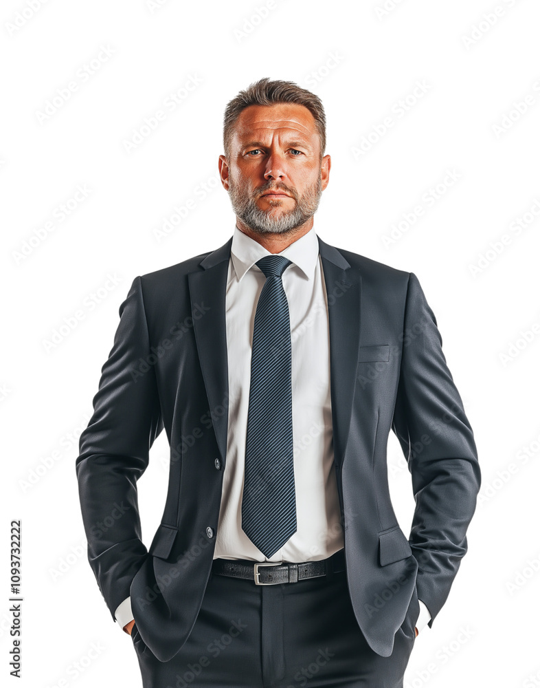 Confident businessman in a sleek suit, standing with hands in pockets, isolated Confident businessman in a sleek suit, standing with hands in pockets, isolated
