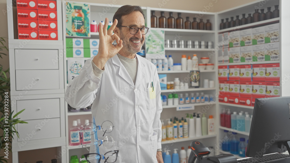 Smiling hispanic pharmacist showing okay gesture in a well-stocked pharmacy interior Smiling hispanic pharmacist showing okay gesture in a well-stocked pharmacy interior