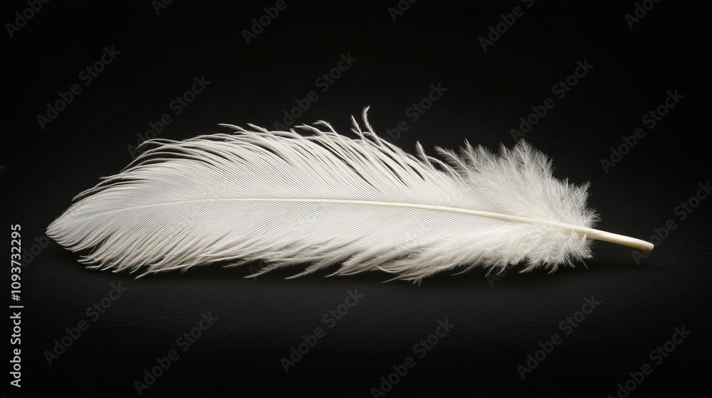 Obraz premium A single white feather lies against a contrasting dark background, highlighting its softness, purity, and the themes of fragility and ethereal beauty.