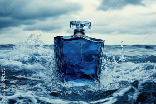 A glass perfume bottle made of dark blue, on the background of a ocean during a storm.