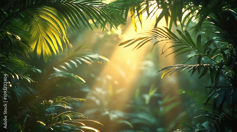 Fototapeta premium Sunlight filtering through tropical jungle leaves in lush greenery