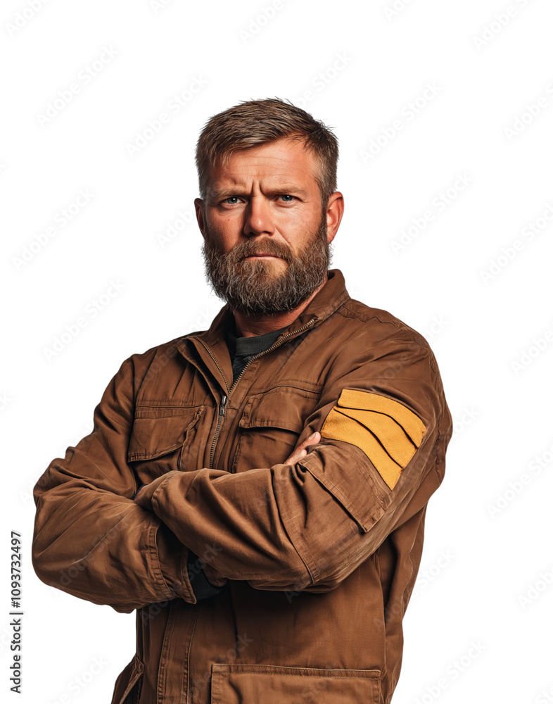 Rugged man with a beard wearing a brown utility jacket, arms crossed, intense expression, isolated