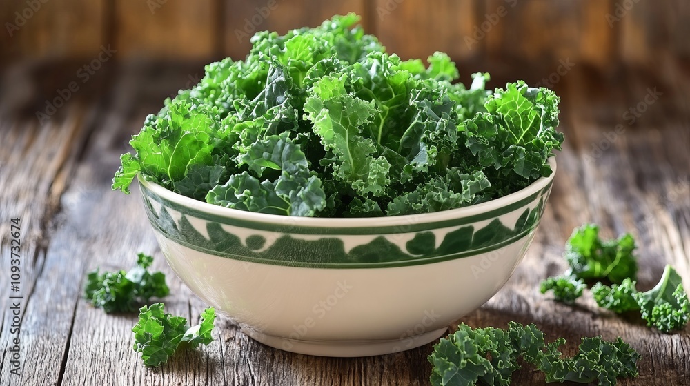 Healthy and vibrant green kale leaves fill a decorative bowl, set on a rustic wooden background, merging organic textures with a natural aesthetic flair. Healthy and vibrant green kale leaves fill a decorative bowl, set on a rustic wooden background, merging organic textures with a natural aesthetic flair.