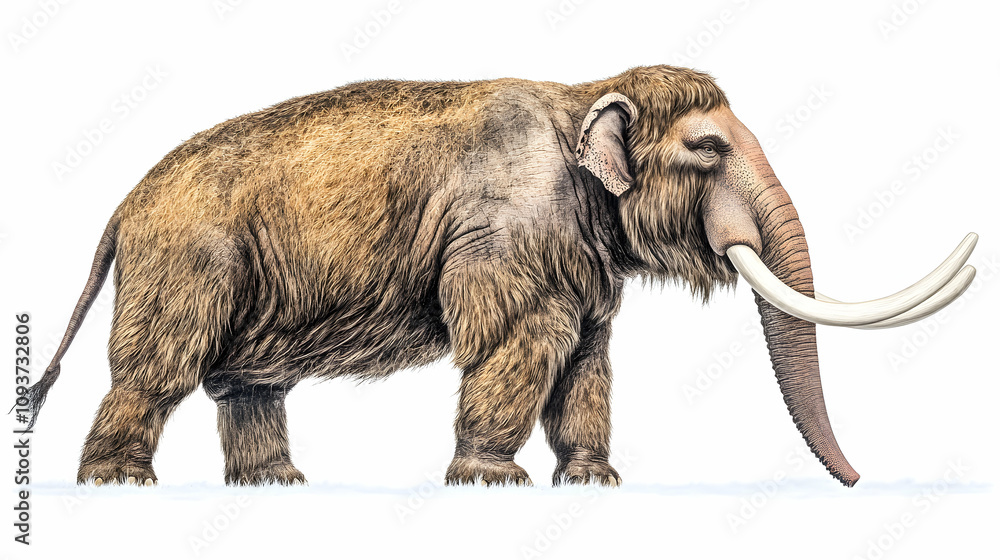 Obraz premium Illustration of a Woolly Mammoth, Capturing the Majestic Size and Distinct Features of this Prehistoric Mammal in Detailed Realism and Vibrant Colors