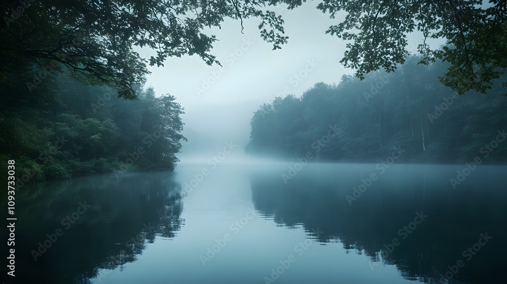 A calm lake hidden in thick mist surrounded by shady trees A calm lake hidden in thick mist surrounded by shady trees